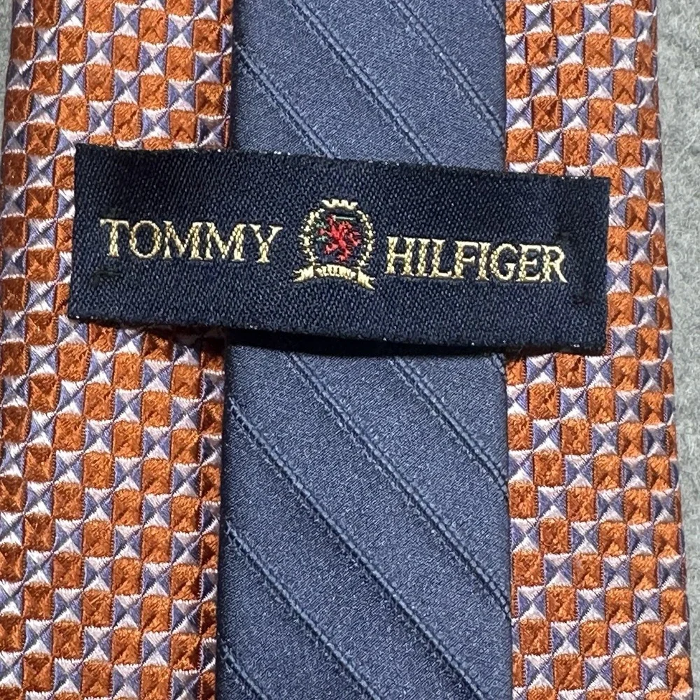 Vintage Tommy Hilfiger Silk Tie Orange Blue Geometric USA‎ Made 60x3.6in